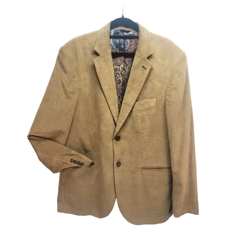 Preppy Corduroy Blazer Sport Coat L Alan‎ Flusser Tan 2 Button Jacket Academia